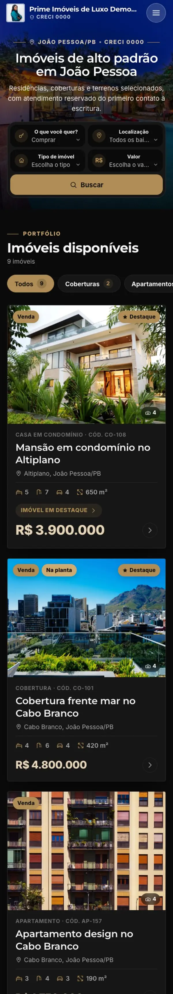 Exemplo de página: Imóveis Prime
