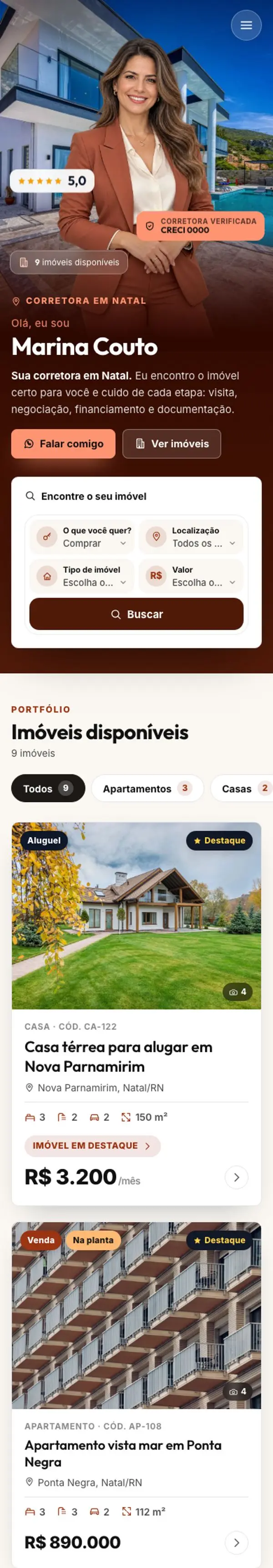 Modelo de página para Corretor de imóveis: Imóveis Retrato