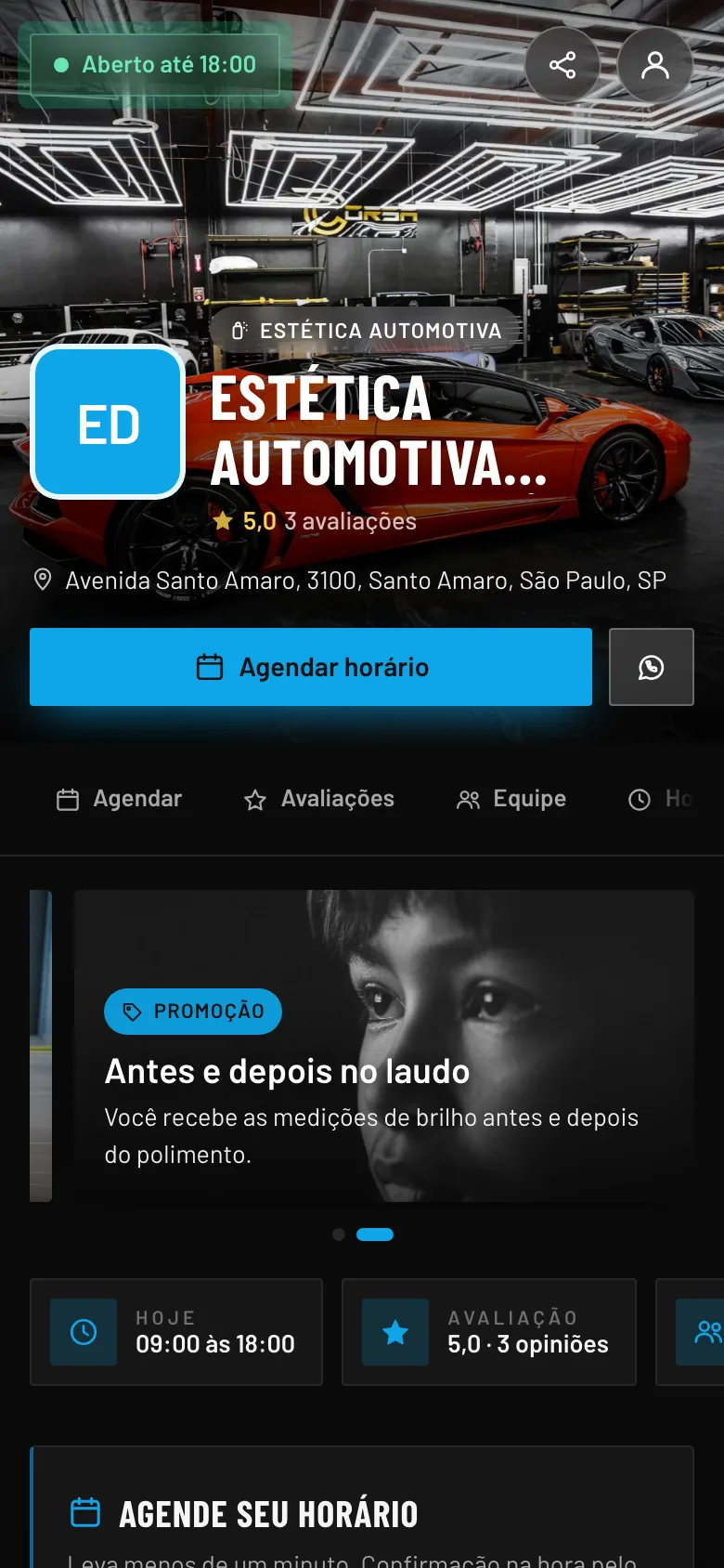 Página de agendamento: Estética automotiva