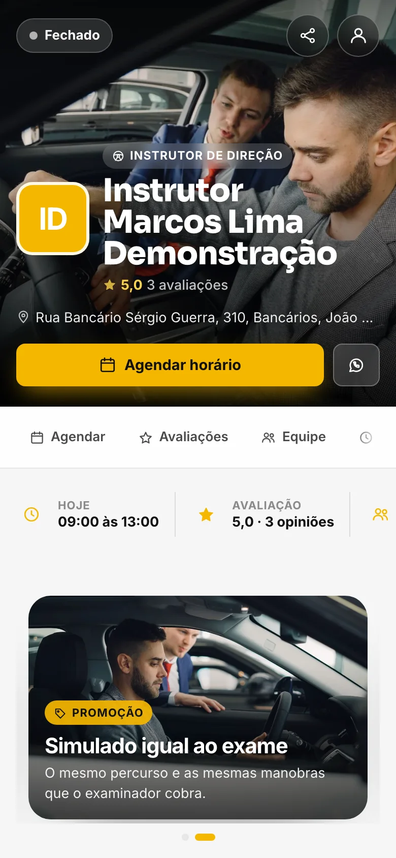 Página de agendamento: Instrutores de direção