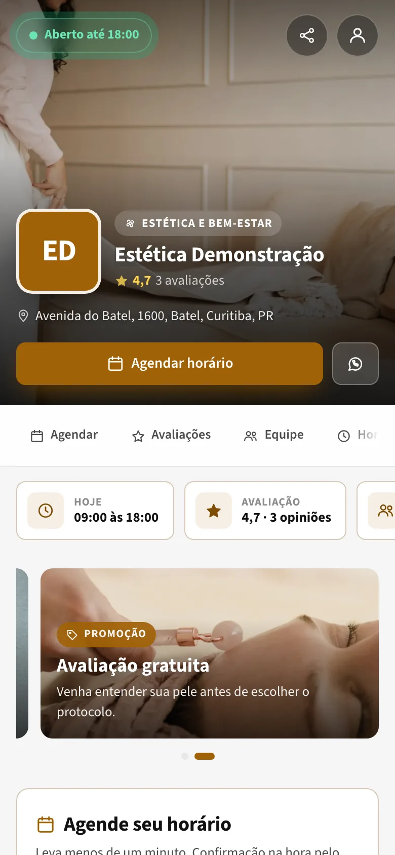 Página de agendamento: Estética