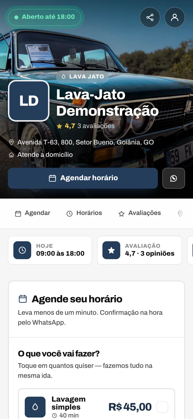Página de agendamento: Lava-jato