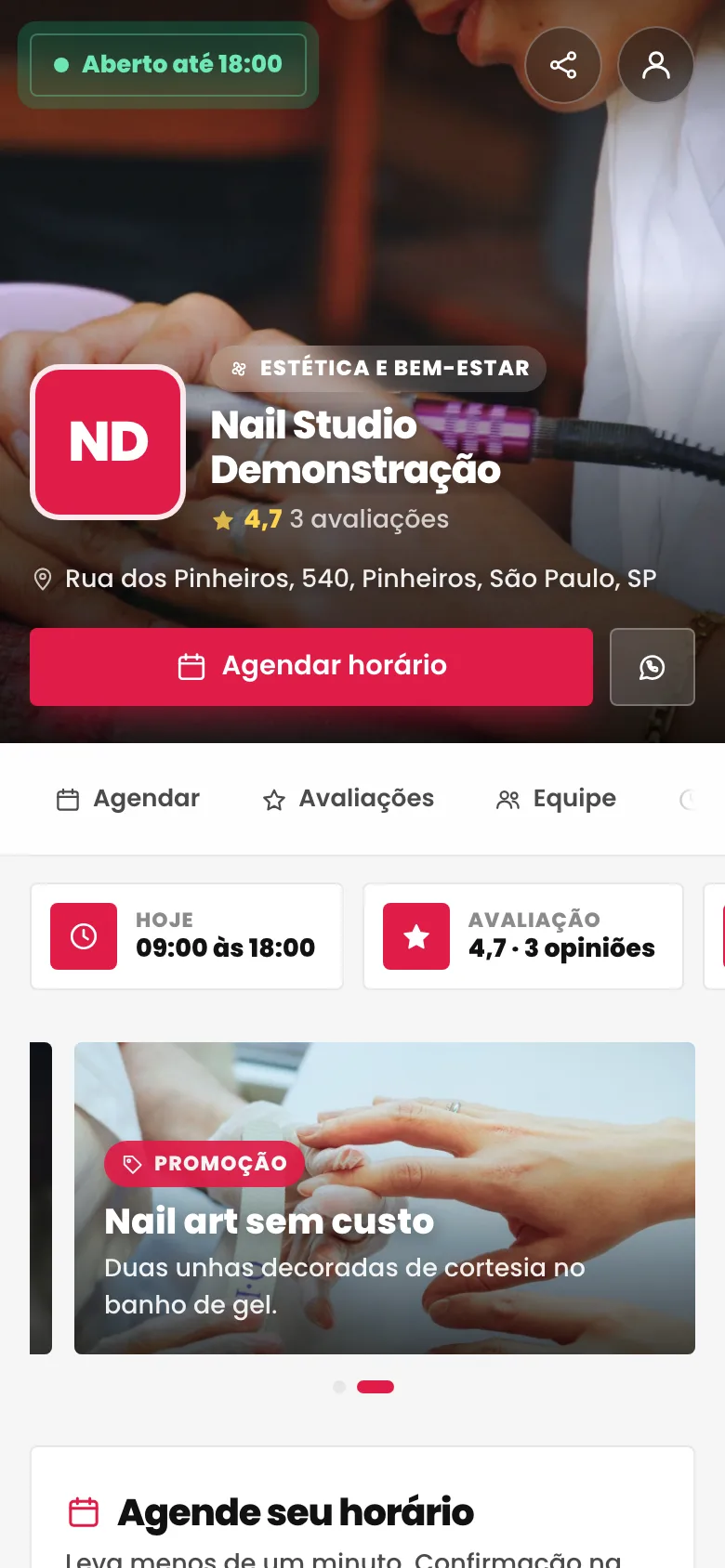 Página de agendamento: Unhas, cílios e sobrancelhas