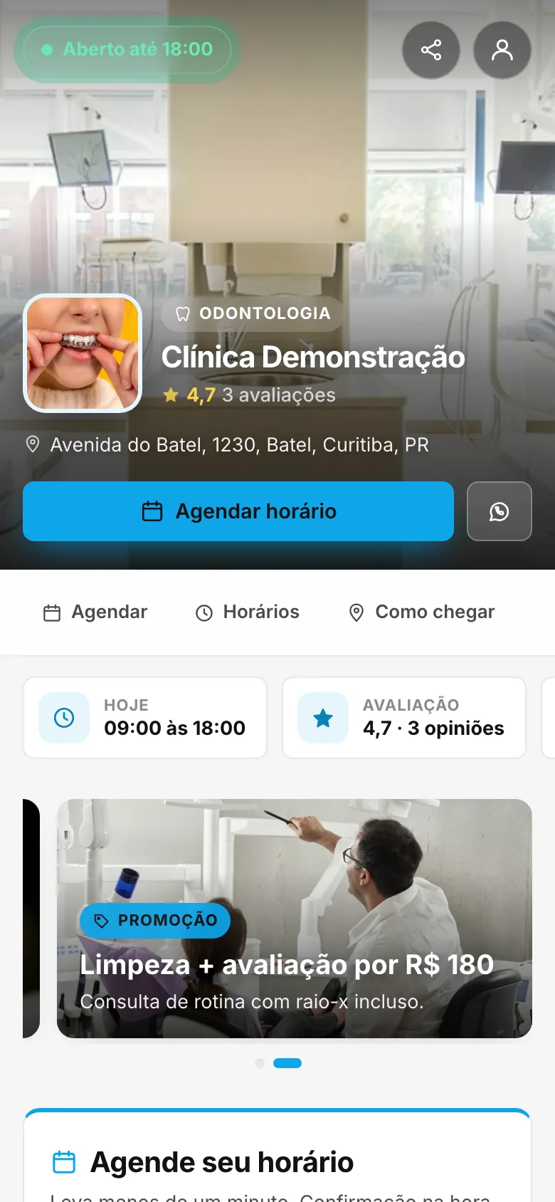 Página de agendamento: Odontologia