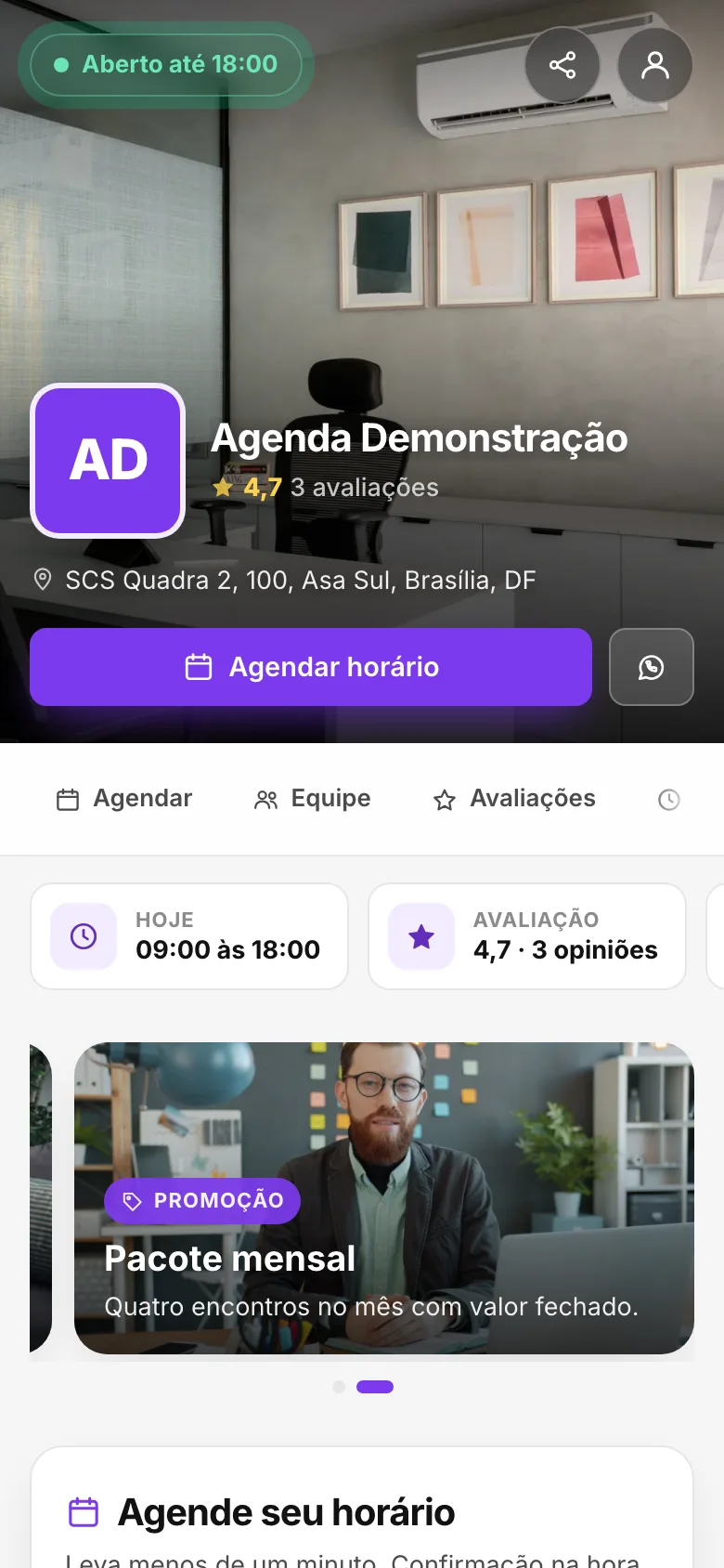 Página de agendamento: Para qualquer ramo