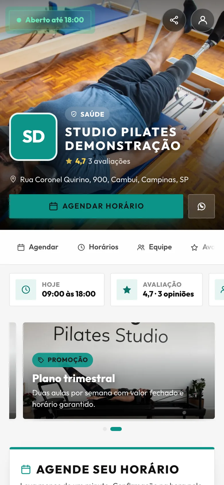 Página de agendamento: Corpo em movimento